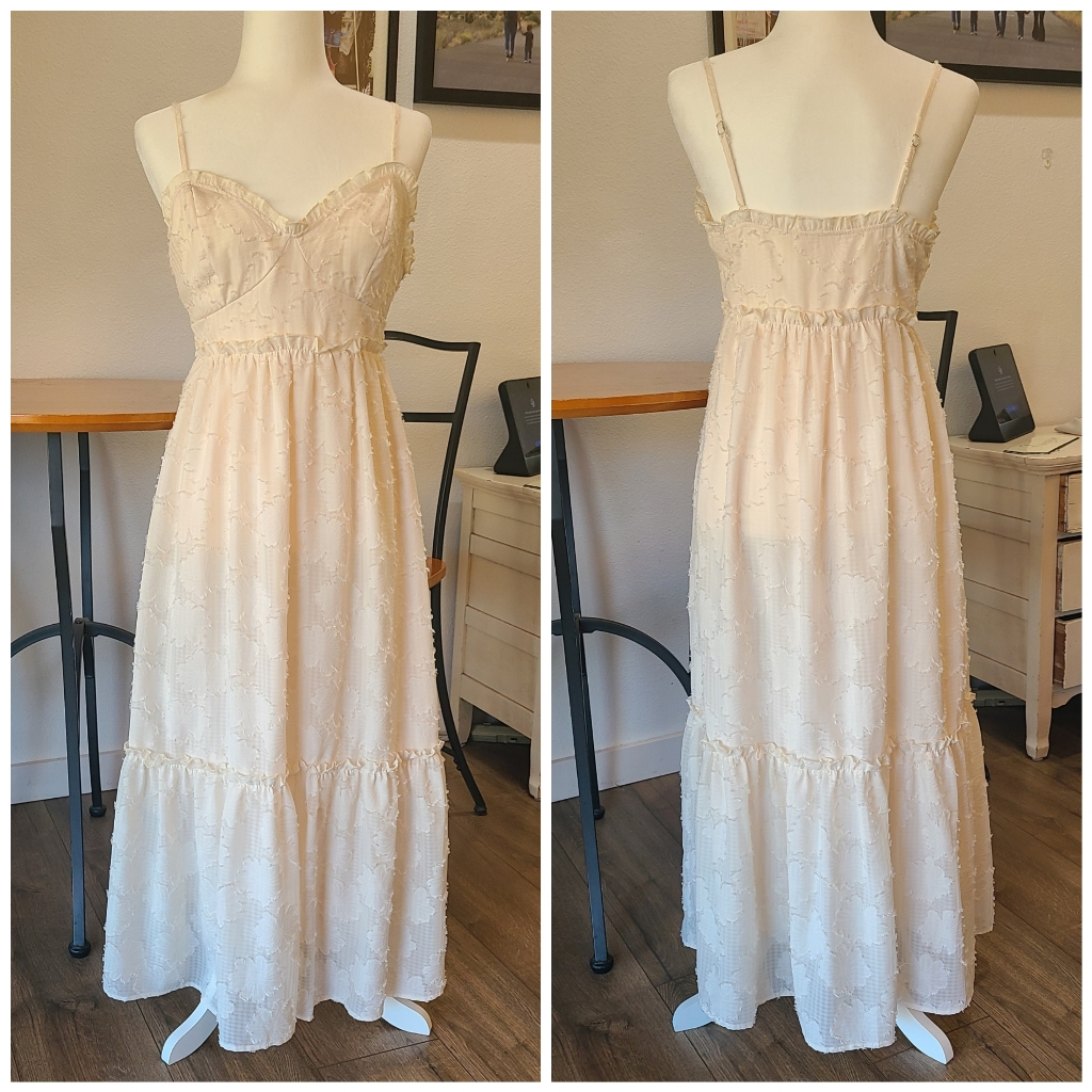 Worn Once - Shein - Cream Spaghetti Strap Maxi Dress, Floral Applique, Lined- S